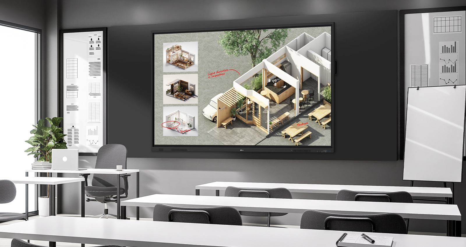 In the lecture room, there's a large interactive digital board installed on the wall, vividly displaying lecture materials on the screen.