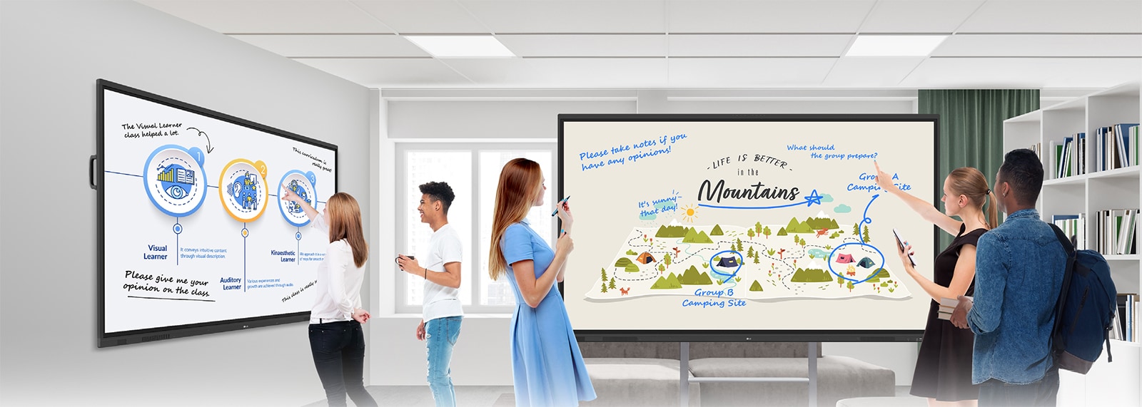 In the ideation space of the lecture room, there are two smart boards—one mounted on the wall and the other a stand-alone unit. Students freely share their opinions by writing on them.