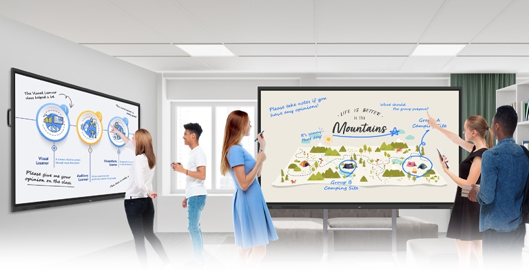 In the ideation space of the lecture room, there are two smart boards—one mounted on the wall and the other a stand-alone unit. Students freely share their opinions by writing on them.