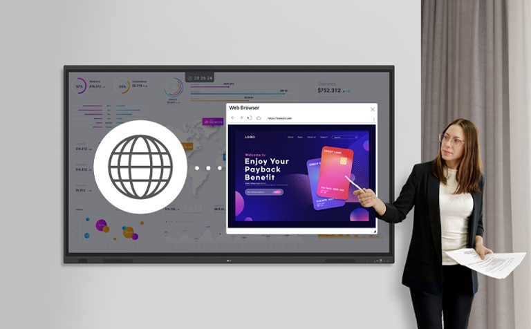 During the presentation, a woman is using the web browser feature, searching in real time, and sharing the results with others.