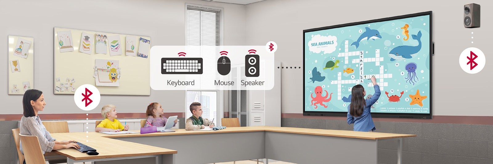 The LG's smart board can wirelessly connect to devices such as keyboards, mice, and speakers via Bluetooth.