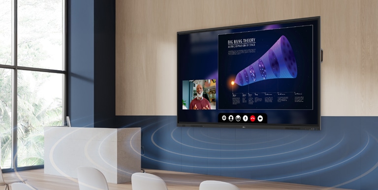 LG's interactive digital board is mounted on the lecture room wall, and a remote lecture is being conducted through its screen, using the front-facing speakers and subwoofer.