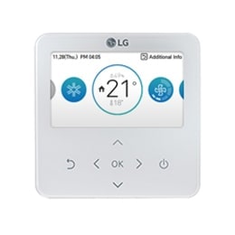 LG Individual Controller control solution unit features a touch control on the bottom half and a top-half display panel showing climate information.