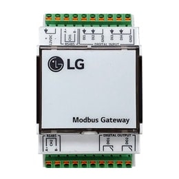 The LG MODBUS Gateway control solution features a small LG logo on the left and has an interface panel in the middle.