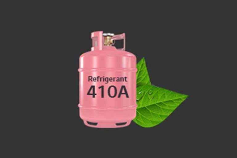 A pink propane gas tank is adorned with a 'Refrigerant 401A' label in the center. Two green leaves partially overlap on the back-right side of the tank.