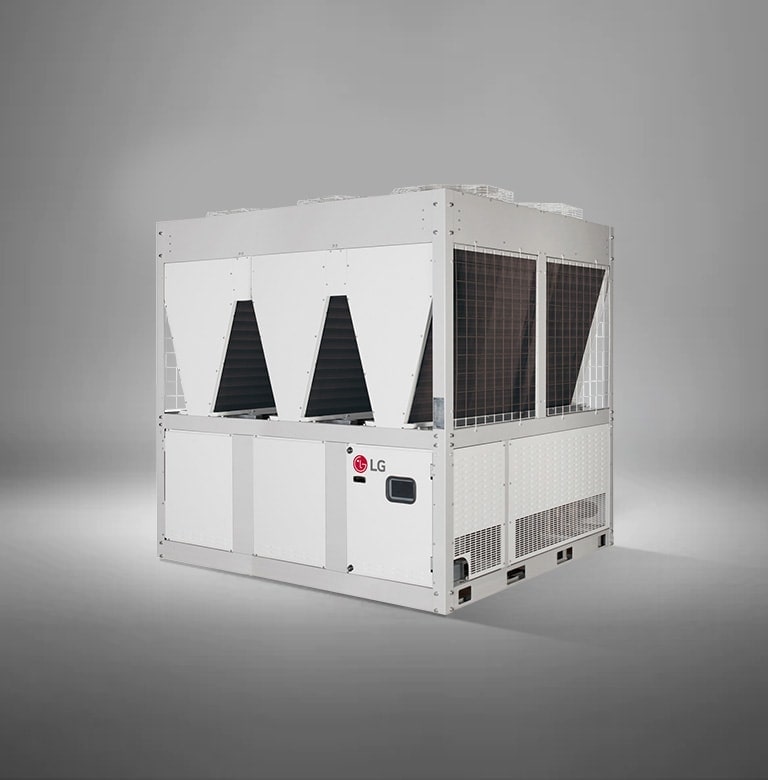 On display is an LG Air-cooled Inverter Scroll Heat Pump, characterized by a rectangular base and a triangular top structure, rendered in a white.