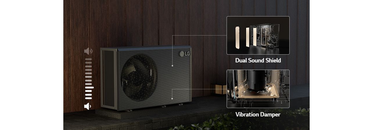 an LG THERMA V R290 Monobloc under a light-filled fence A description of the sound performance of LG THERMA V R290 Monobloc