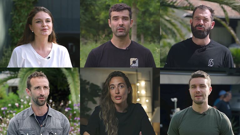 Six individuals, three men and three women, in separate frames, set against an outdoor background.