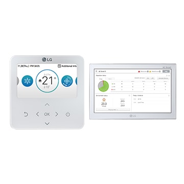 LG HVAC Control Solution units, composed of control panels and interfaces, are displayed.