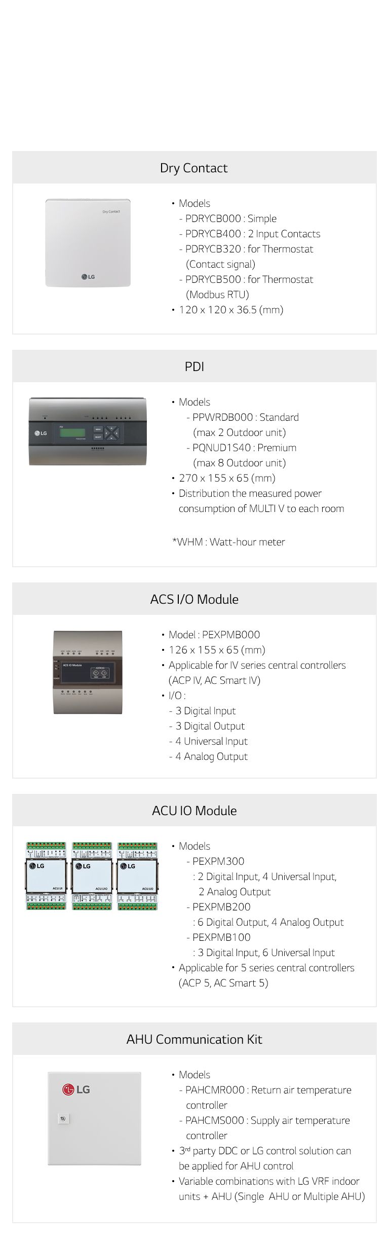 LG Application Controller Line Up, including Dry Contact, PDI, ACS I/O Module, and AHU Communication kit models.