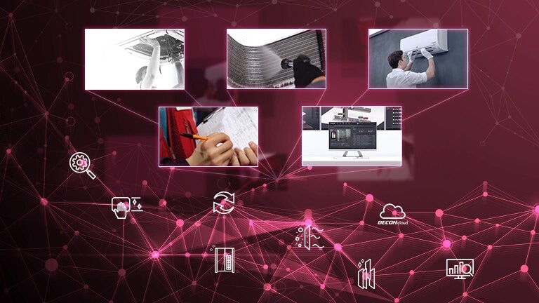 Five service senses command the top half, while eight pictograms symbolizing LG HVAC Global Service inhabit the bottom half.