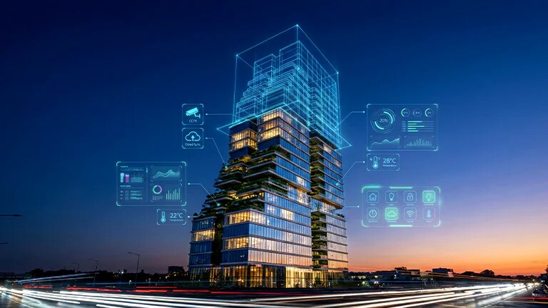 An image showing an intelligent building management system with some graphics.