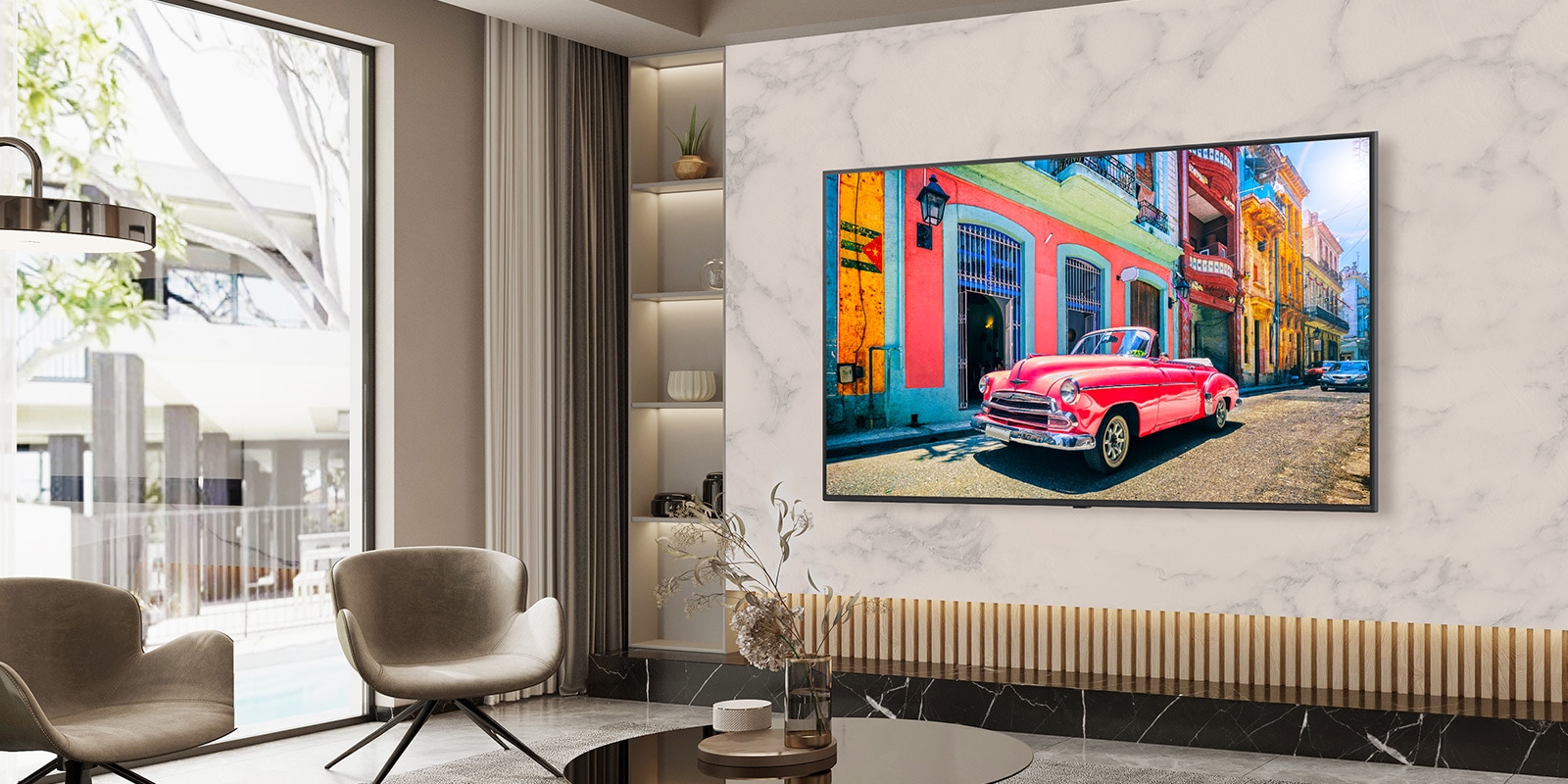 A TV on a hotel wall shows a bright and vivid screen.