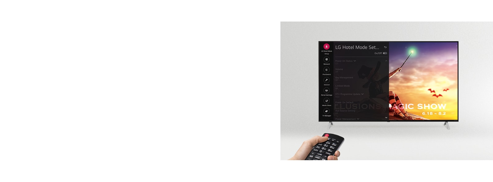 A person is controlling the TV settings with Hotel Mode.