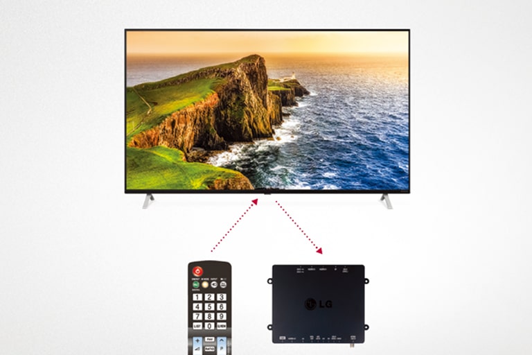 A set-top box with a remote control is controlling LG Commercial TV.