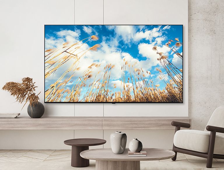 A TV on a hotel’s wall shows a bright and vivid screen.