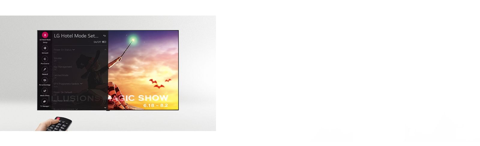 A person is controlling the TV settings with Public display mode.