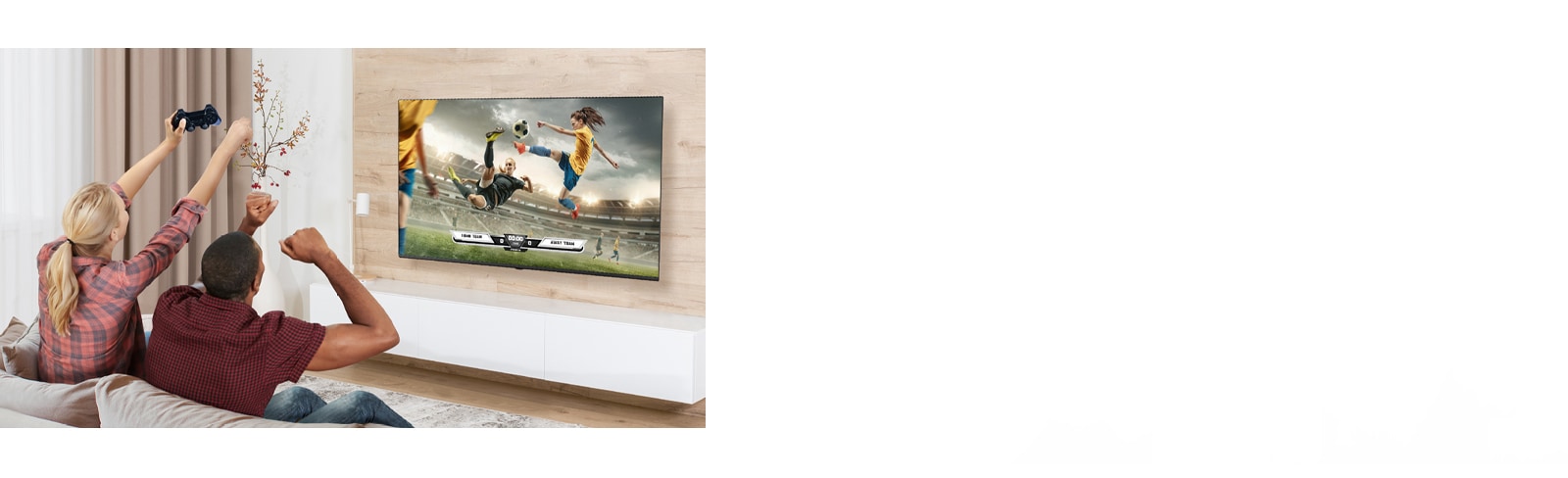 The man and woman are playing games, and the game's scene shown on the TV screen is realistically expressed.