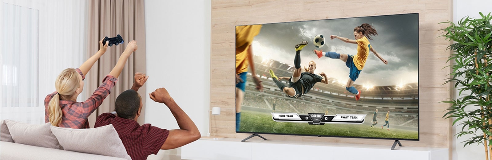 The man and woman are playing games, and the game's scene shown on the TV screen is realistically expressed.