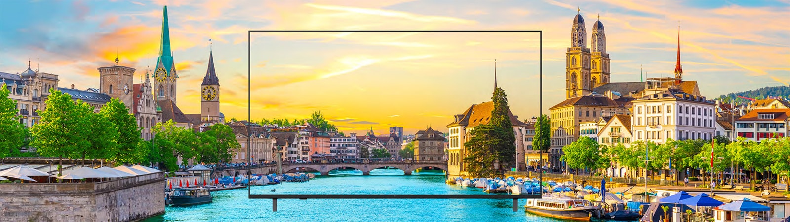 The scenery displayed on the TV screen is vividly rendered, appearing as if it were real.