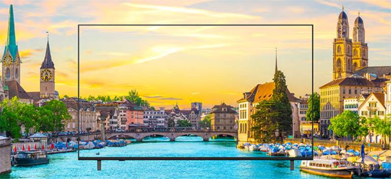 The scenery displayed on the TV screen is vividly rendered, appearing as if it were real.