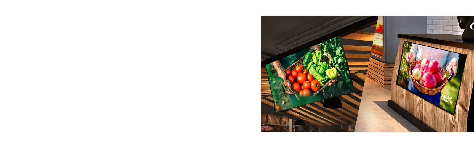 One UL3Q is installed on the store ceiling with a Face Down tilt, and the other is mounted below the counter with a Face Up tilt, both displaying content.