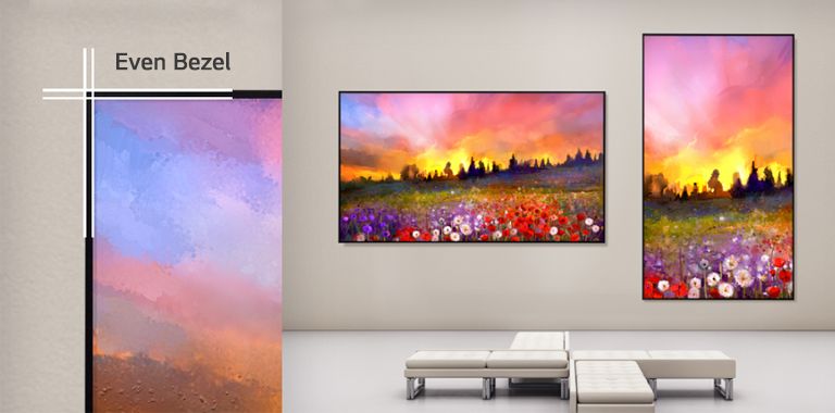 One UL3Q is mounted on the wall in landscape orientation, and the other in portrait orientation, with an enlarged image showing the uniform bezel thickness of the UL3Q.