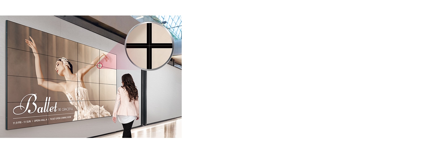 The ultra-narrow bezel screens are attached to the wall in the form of tiles, displaying large and dynamic content.