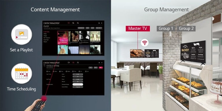 Set the playlist and the time scheduling with a remote controller easily using display embedded content management function. Group management is supervised in Master display, Group 1, and Group 2 displays. 