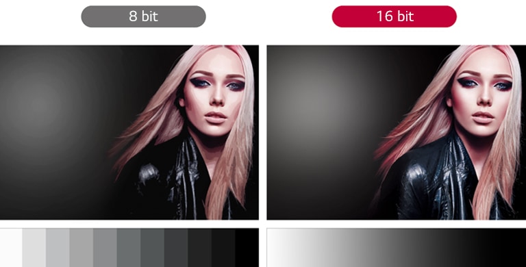 The 8-bit screen’s greyscale is not smooth and the color is expressed unnaturally because the steps are distinguished while the 16-bit screen expresses the color smoothly with a higher greyscale level.