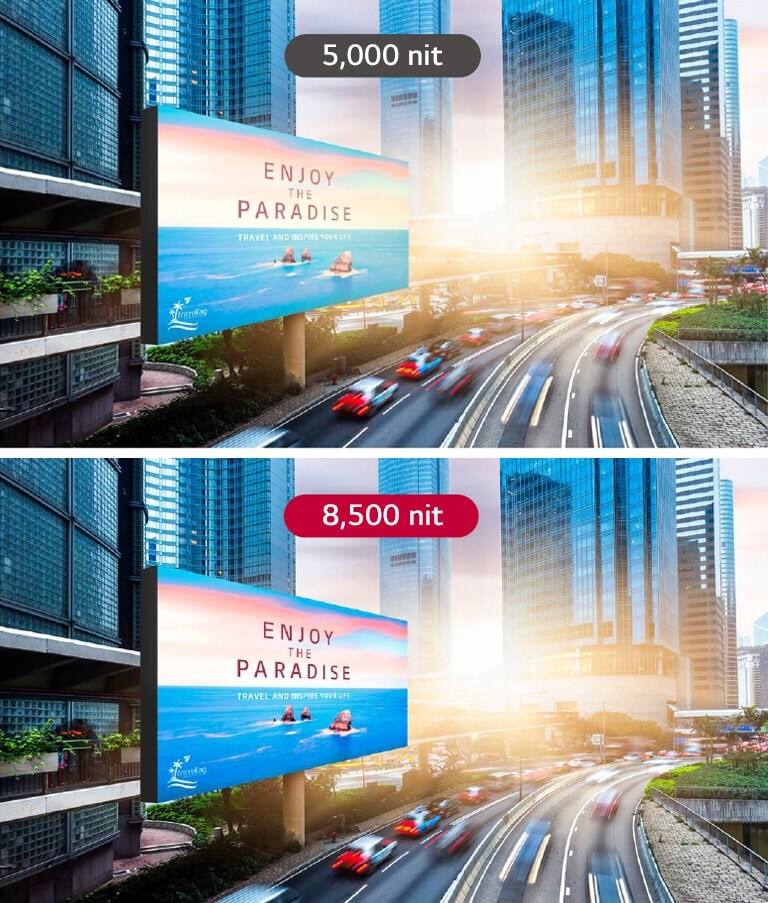 In the strong sunlight, the 5,000 nits LED screen becomes blurred by light and cannot be seen clearly, while the 8,500 nits LED screen is clearly visible.