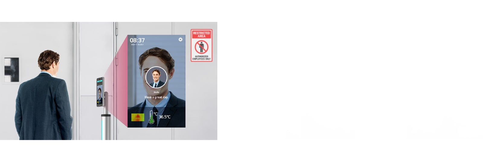 The identification check is made by LG Thermal Sensing Terminal for an employee to enter the restricted area and the zoomed screen identifies him as a member of the company and allows him to enter.