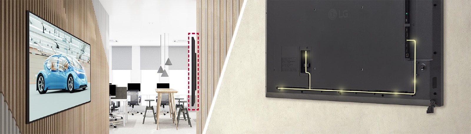 The UM5N-H with slim bezels is mounted close to the wall, showcasing a rear design that is optimized for space-saving with a simple cable management system.