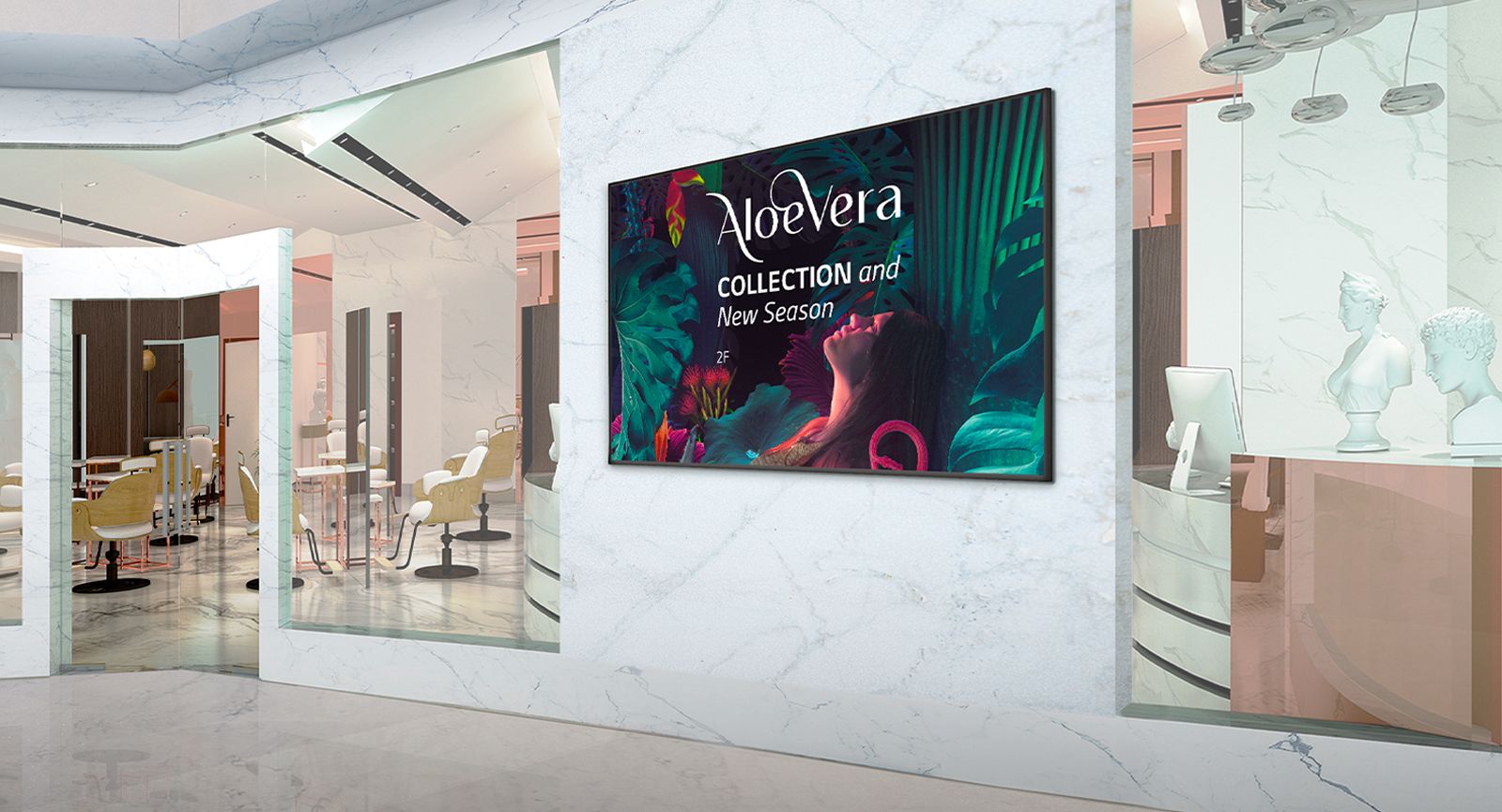 Signage installed on the interior walls of the shopping mall displays advertisements vividly.