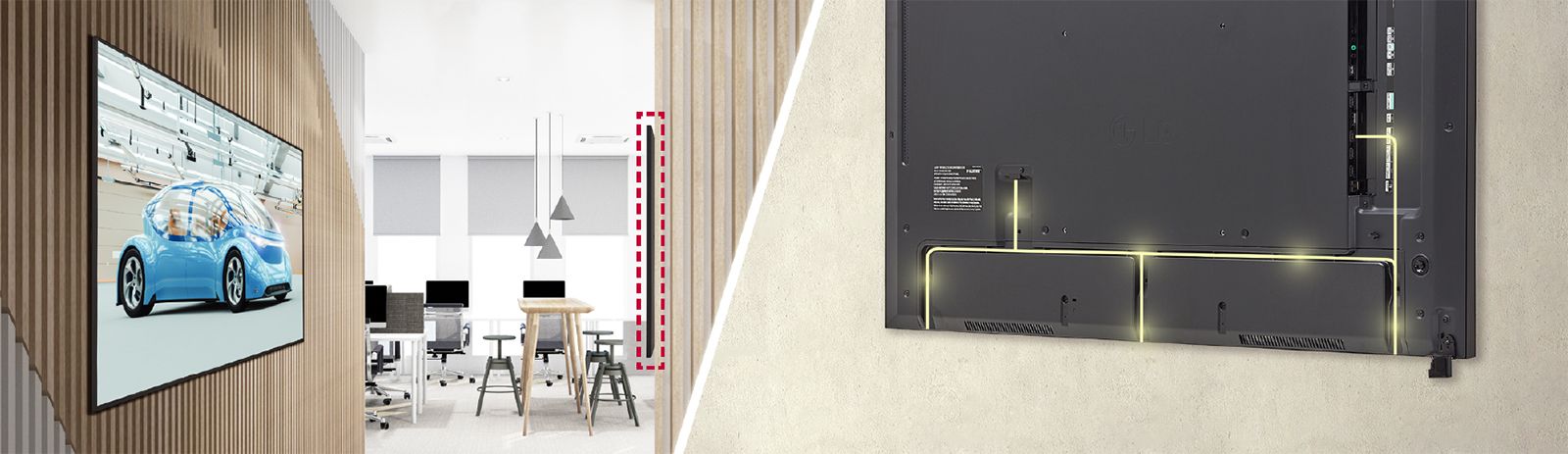 The UH5N-E with slim bezels is mounted close to the wall, showcasing a rear design that is optimized for space-saving with a simple cable management system.