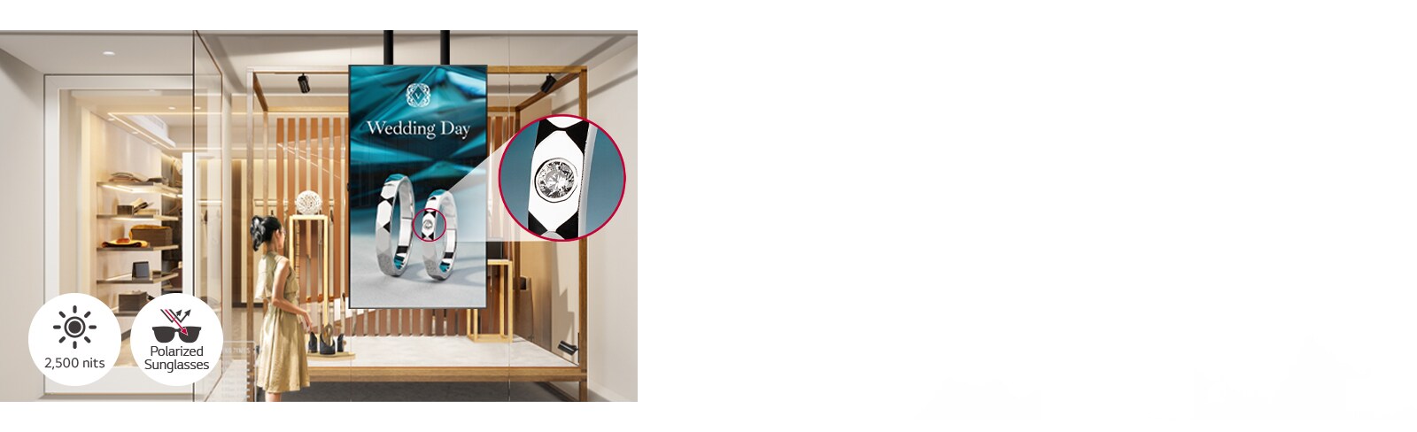 A woman wearing sunglasses is watching ads on the display installed in a shop window, and the ads on the display are very visible even under the strong sunlight.