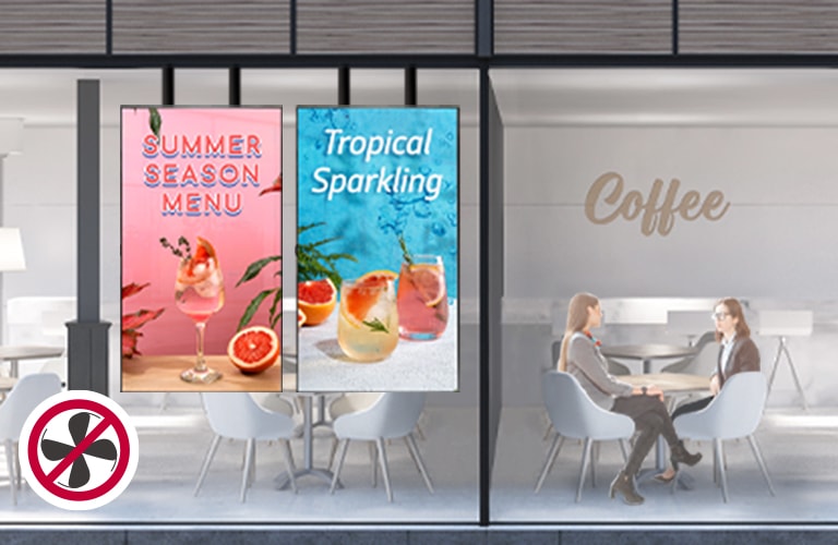 The café boasts two displays on the shop window. The XS2E model's low fan noise enables smooth communication and conversation even when sitting close to the display.