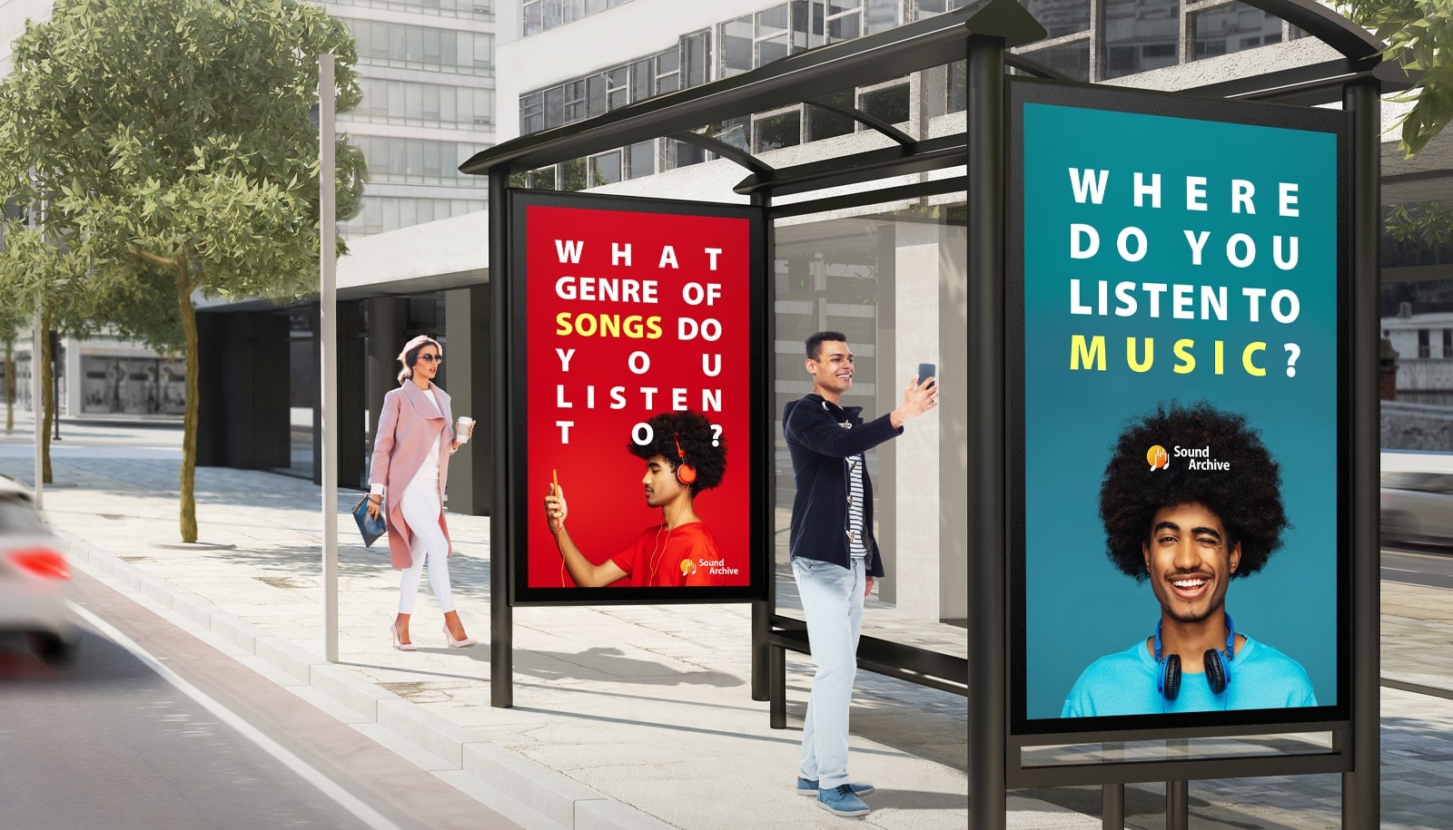 Large double-sided displays are installed at both ends of the bus station. Advertisements are being displayed on both sides of the displays, and people are watching advertisements inside and outside of the bus stop at the same time.