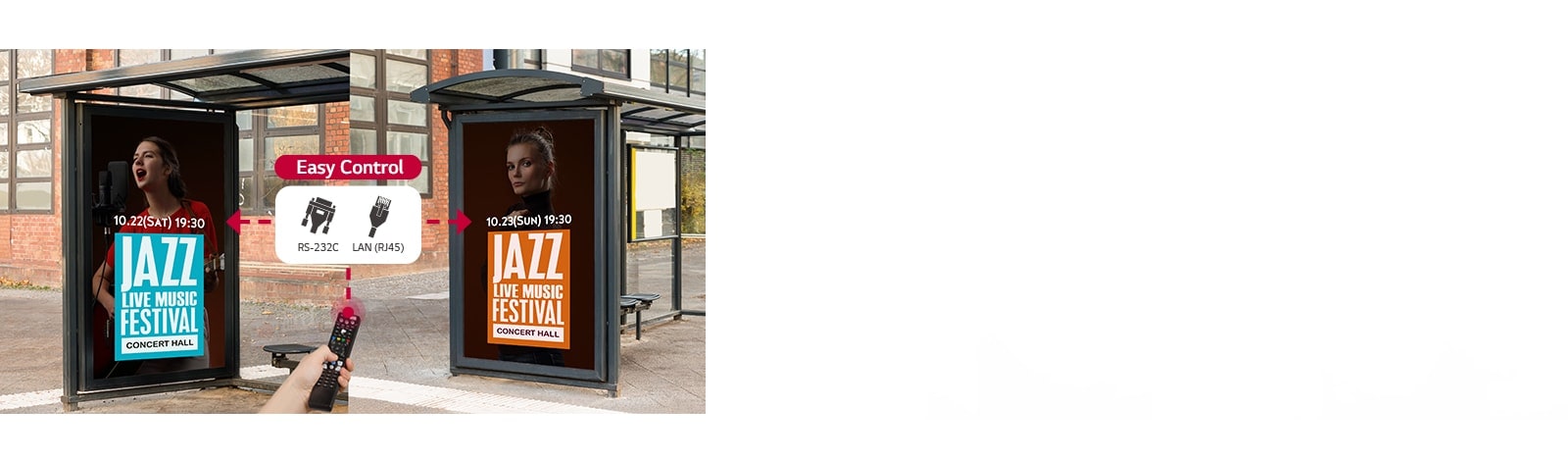 Double-sided displays can be easily controlled through RS-232C and LAN (RJ45).