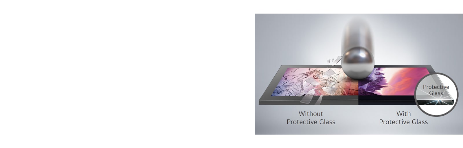 When a strong impact hits the front glass from the outside, the display without protective glass breaks, but the XE3P minimizes the damage with protective glass.