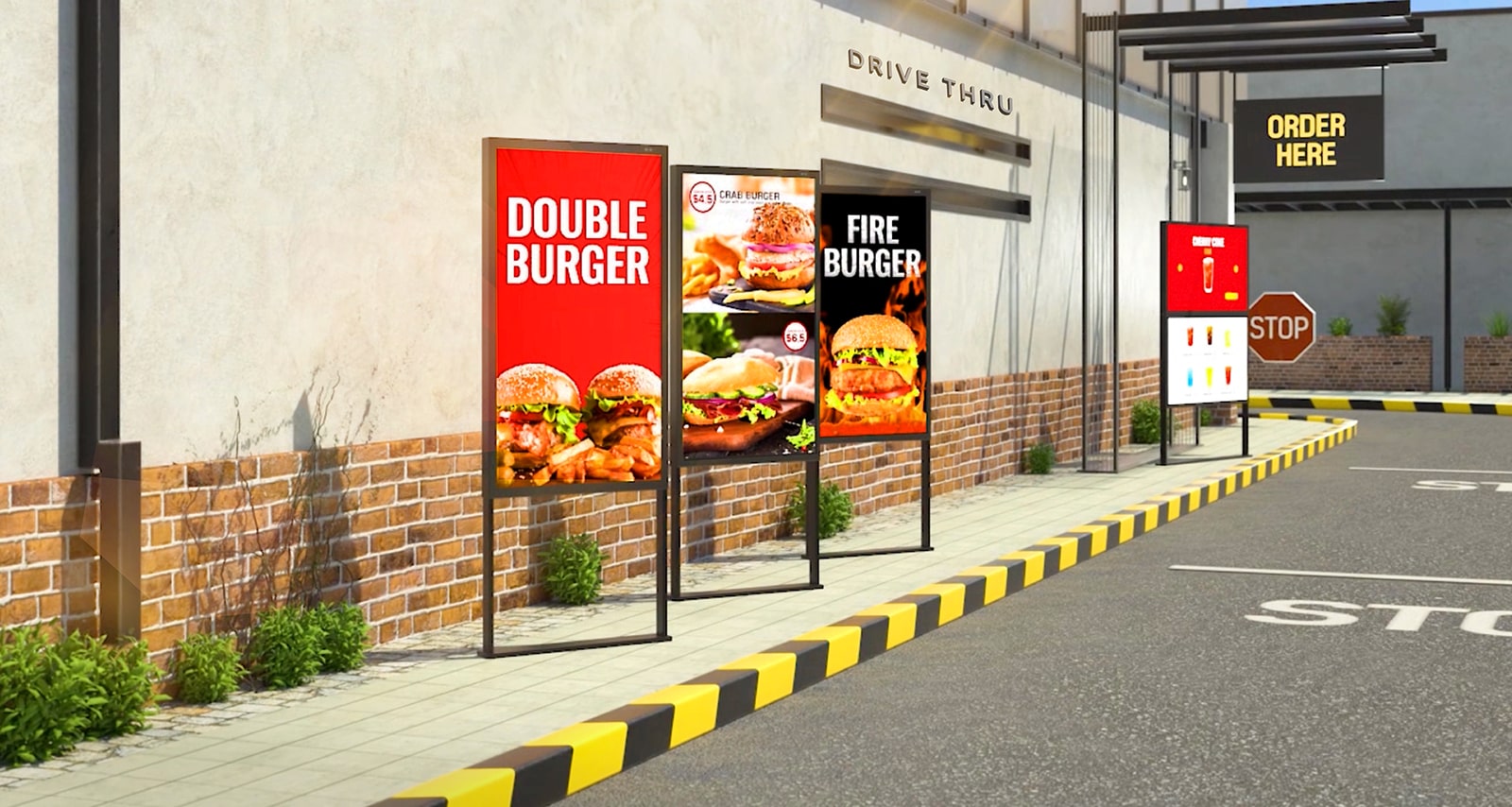 There are four XE3P installed in the drive-thru zone at the burger place, and they vividly display the burger menus and images even in bright sunlight.