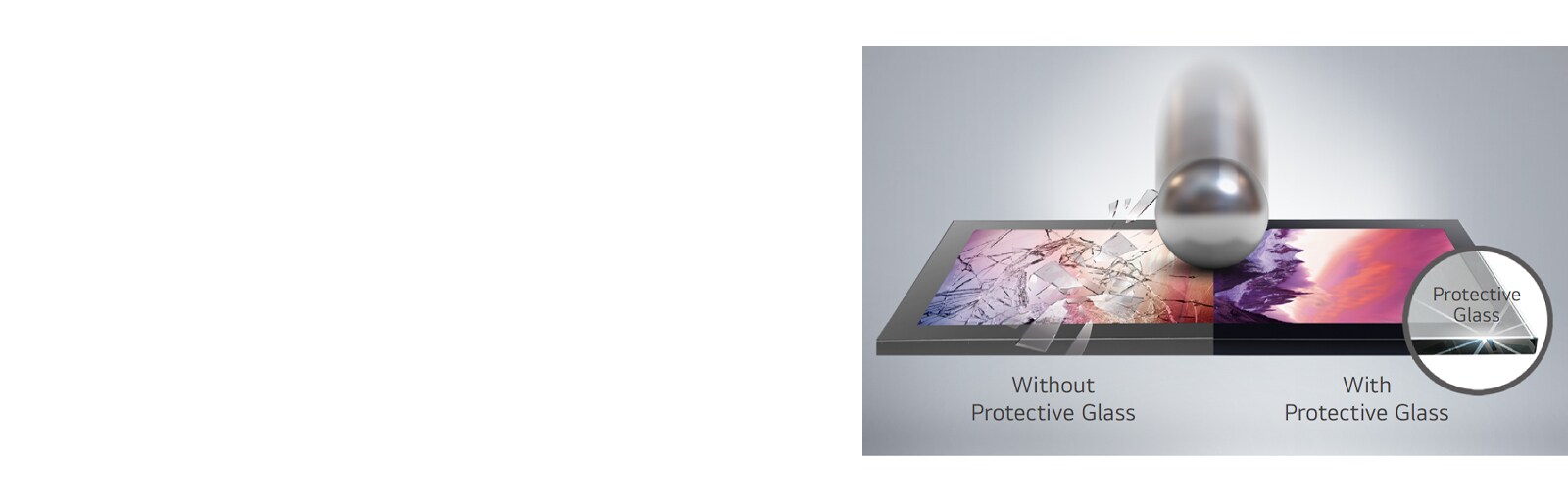 When a strong impact hits the front glass from the outside, the display without protective glass breaks, but the XE3P minimizes the damage with protective glass.