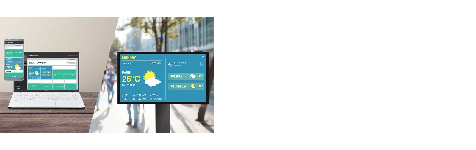 Users can monitor and control their displays through a mobile phone and laptop.