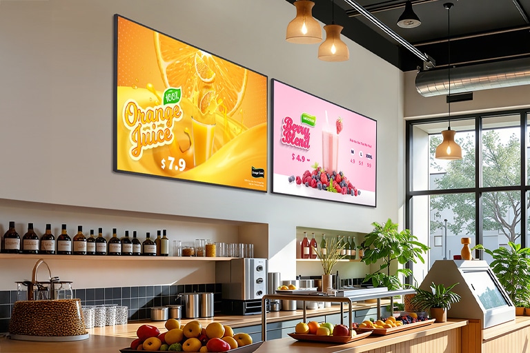 Inside the café, two signage displays are mounted on the wall, each vividly showcasing menu images.