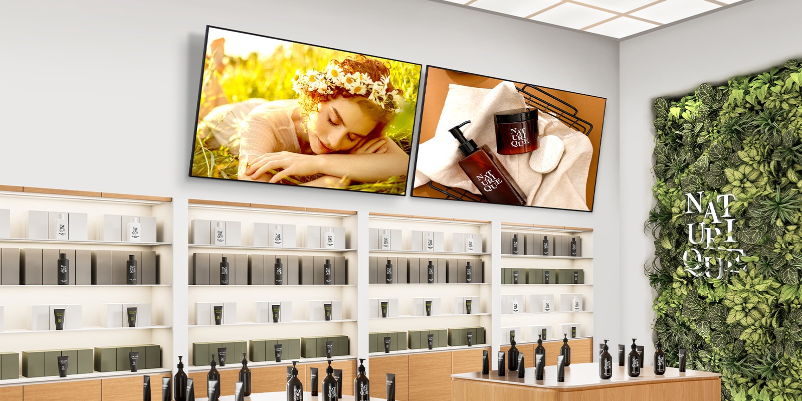 Inside the cosmetics shop, two signage displays are mounted high on the wall with a downward tilt, each vividly showcasing cosmetic advertisements.