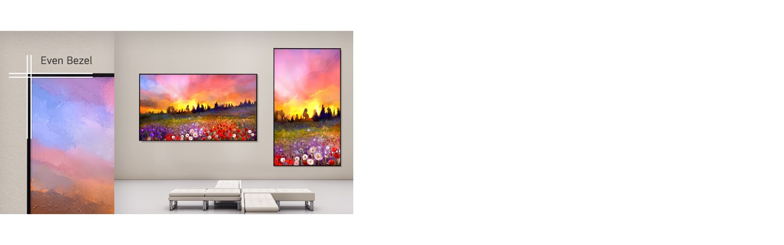 One UL5Q-E is mounted on the wall in landscape orientation, and the other in portrait orientation, with an enlarged image showing the uniform bezel thickness of the UL5Q-E.