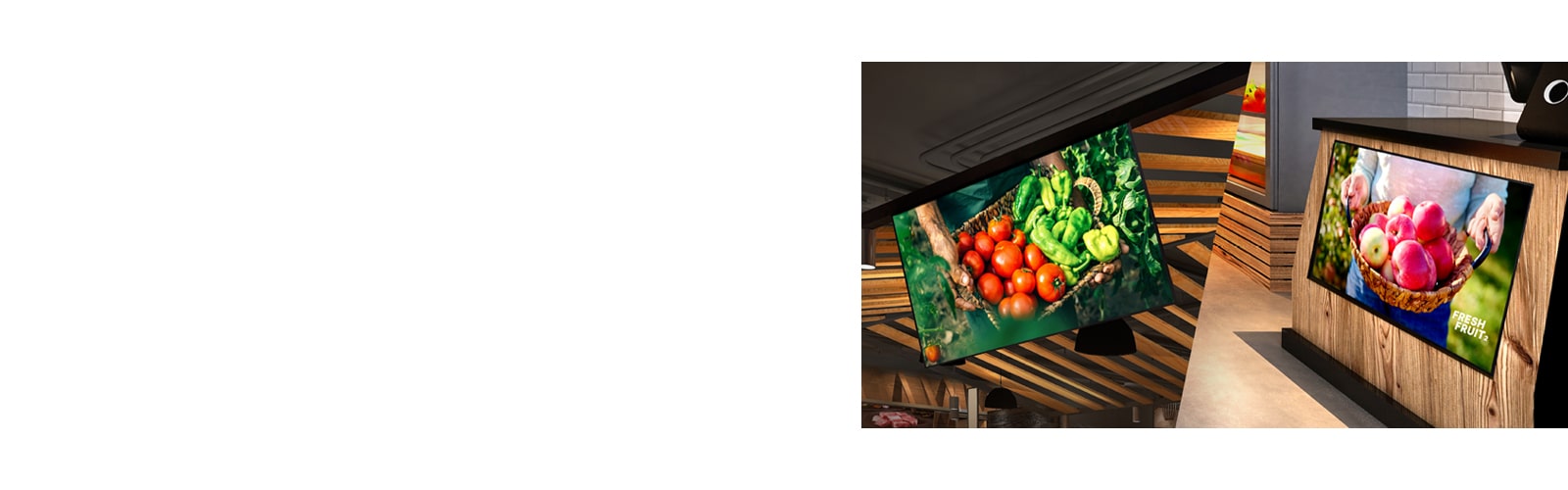 One UL5Q-E is installed on the store ceiling with a down tilt, and the other is mounted below the counter with an up tilt, both displaying content.