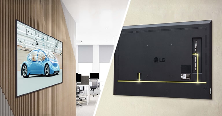 The UH5Q, with slim bezels, is mounted close to the wall, showcasing a rear design optimized for space-saving with a simple cable management system.