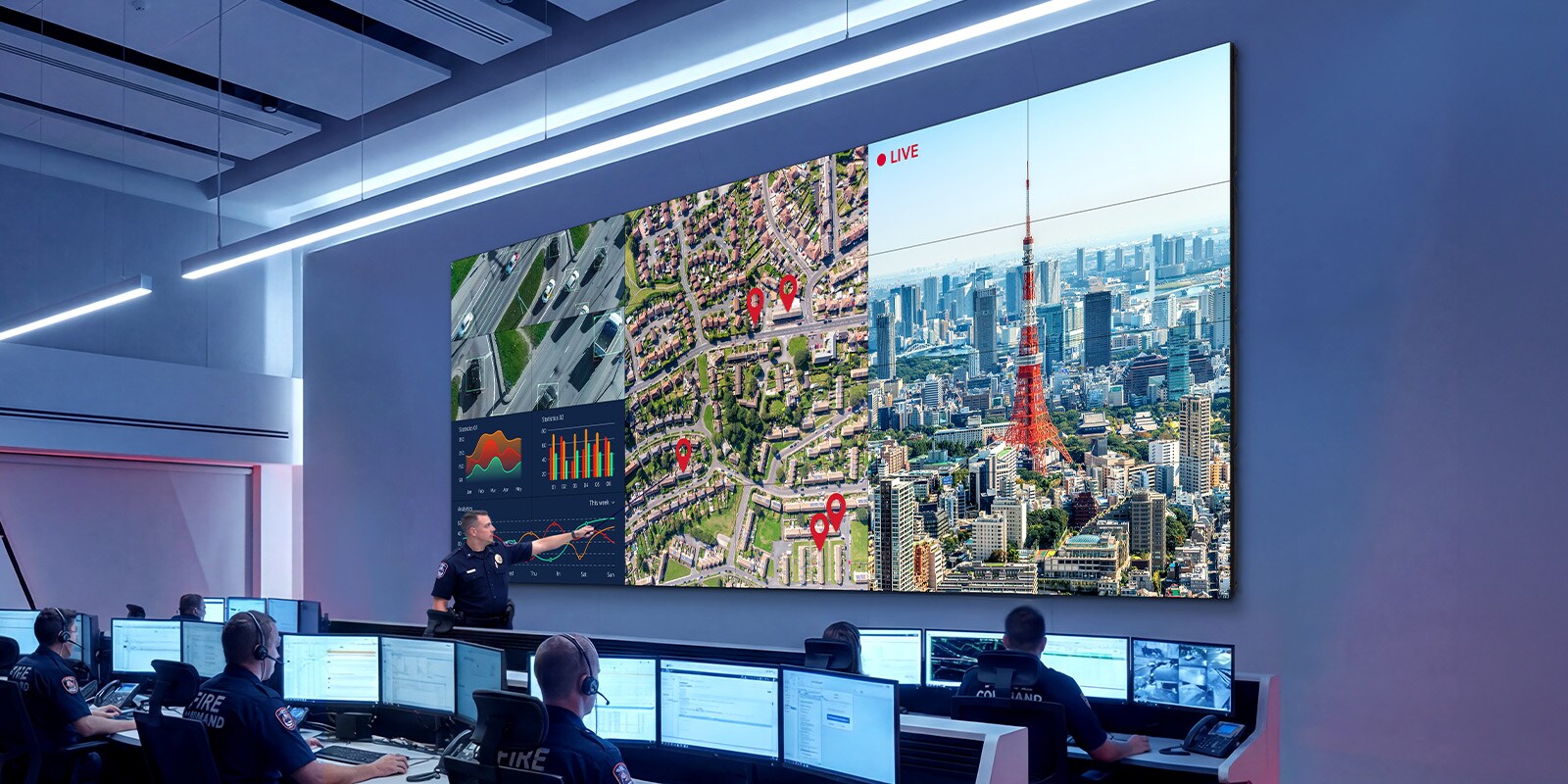 A video wall is installed in a control room, with the screen divided into multiple sections to display various types of information, including regional conditions and data, for monitoring.