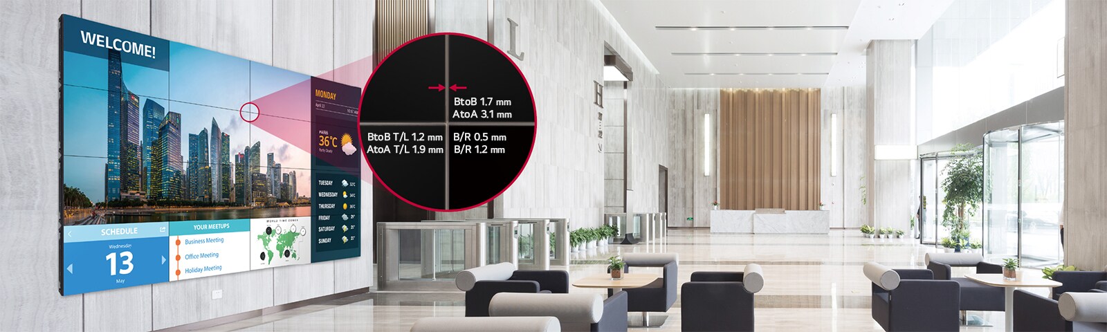 A video wall is installed in the lobby, and it provides immersive images with an ultra-slim bezel.